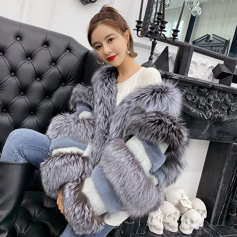 ZDFURS* женский норковый мех с лисьим мехом, пальто, зимняя женская мода jexxi высокое качество, смешанный мех норки, роскошный мех - Цвет: blue grey