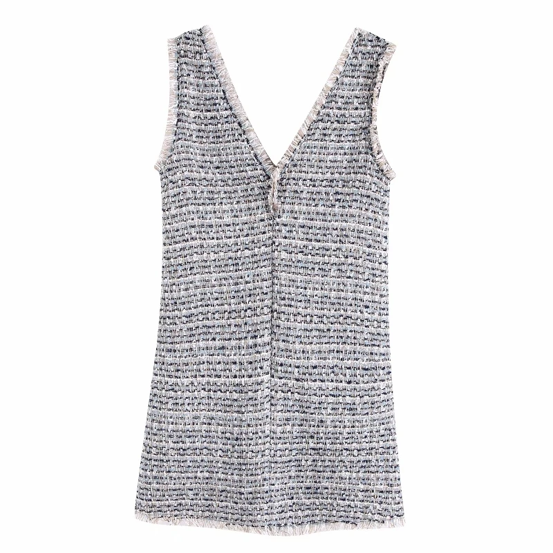 Твидовое шерстяное мини-платье, офисное женское платье без рукавов с кисточками, лоскутное платье, шикарные Повседневные DS2930