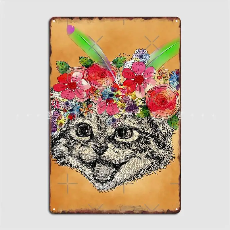 

Happy Cat Design With Flowers On The Head Poster Metal Plaque Create Wall Mural Cave Pub Poster Tin Sign Posters