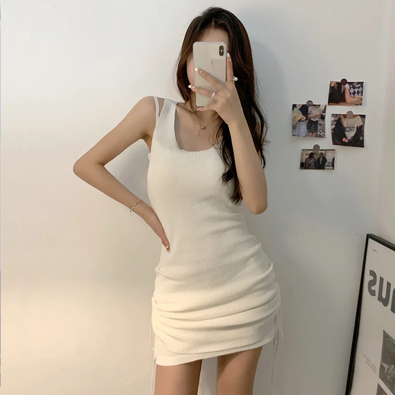 

Summer White Knitted Mini Dress Set 2021 Fashion Sexy Two Piece Draw String Waist Spaghetti Strap Dresses For Women New Arrivals