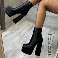 broadcast autumn and winter womens shoes 2022 new fashion square toe waterproof platform thick high heeled womens short boots