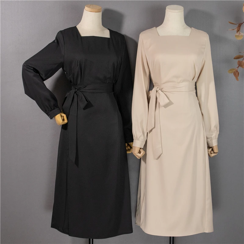 

Giyu 2021 Spring New Women Dress Ladies Chic Square Neck Tie Waist Thin Double Skirt Dress Female Fashion Slim Office Ladies