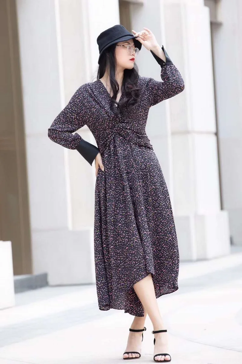 

New Arrival Dress 2020 Spring Summer Style Women V-Neck Colorful Dot Print Cross Waist Long Sleeve Mid-Calf Asymmetrical Dress