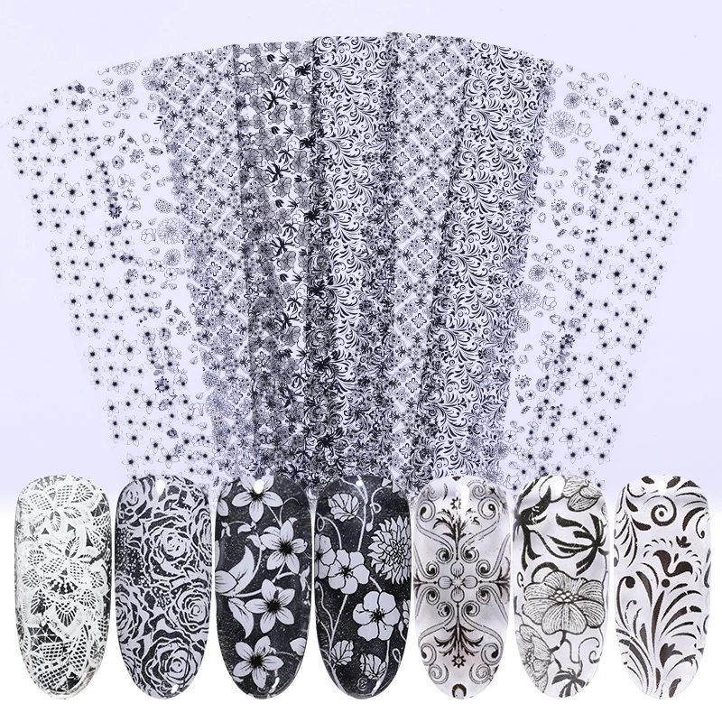 1 рулон/коробка фольга для ногтей Кружева Черный Белый цветок серия ноготь