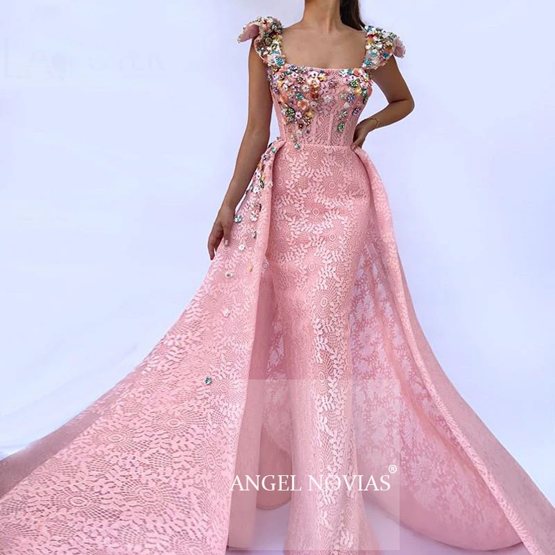 Женское длинное вечернее платье ANGEL NOVIAS розовое кружевное в арабском стиле