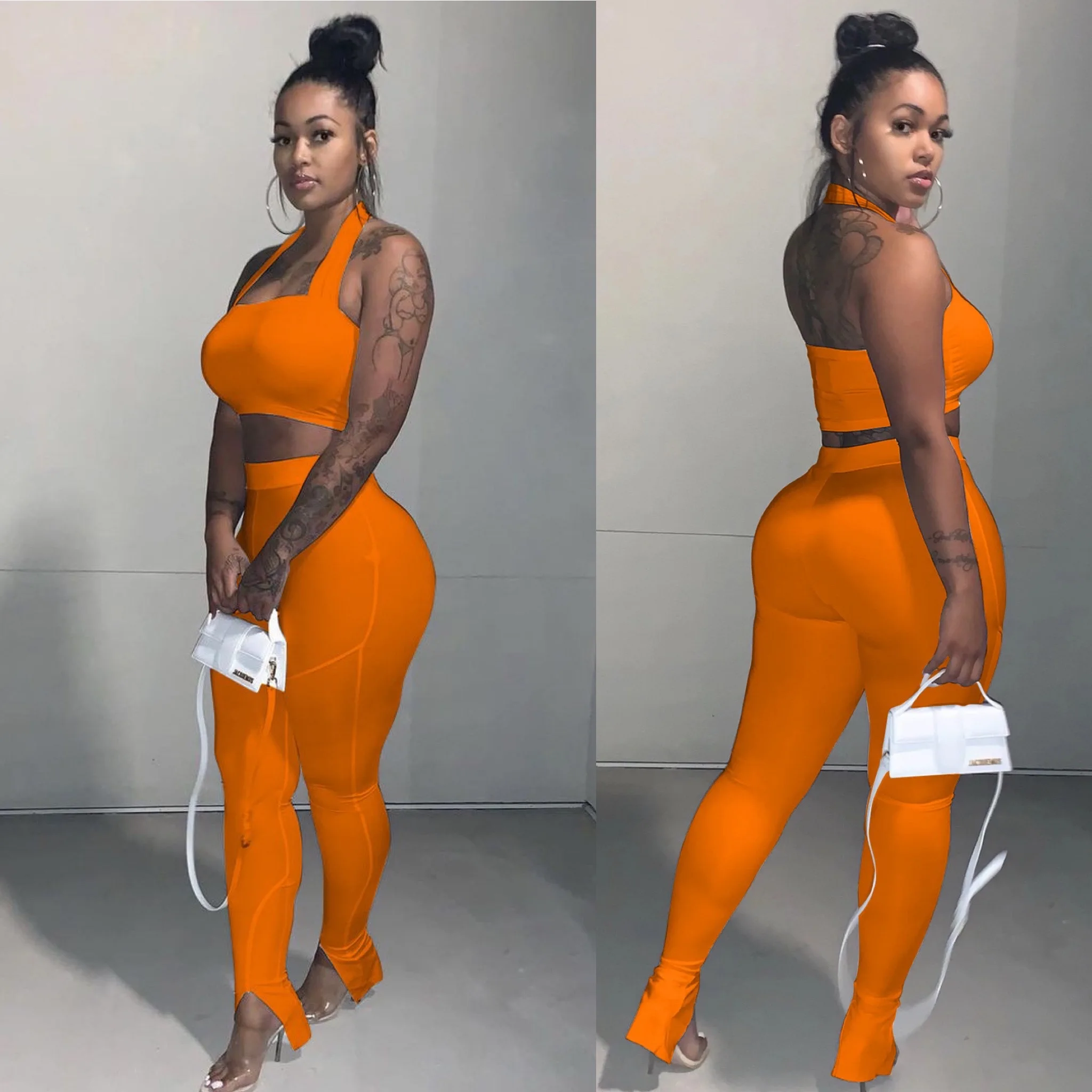 

2021 New Summer 2 Piece Outfits for Women Pants and Top Crop Tops and Slit Pants Women Clothing Sets For Summer