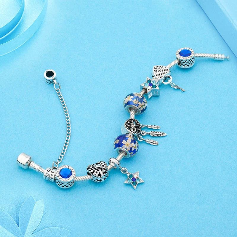 Silver Color Dream Catcher Charm Bracelet with Heart Key Dark Blue Crystal Bead Bracelet Pentagram Bracelet Men Homme Pulsera