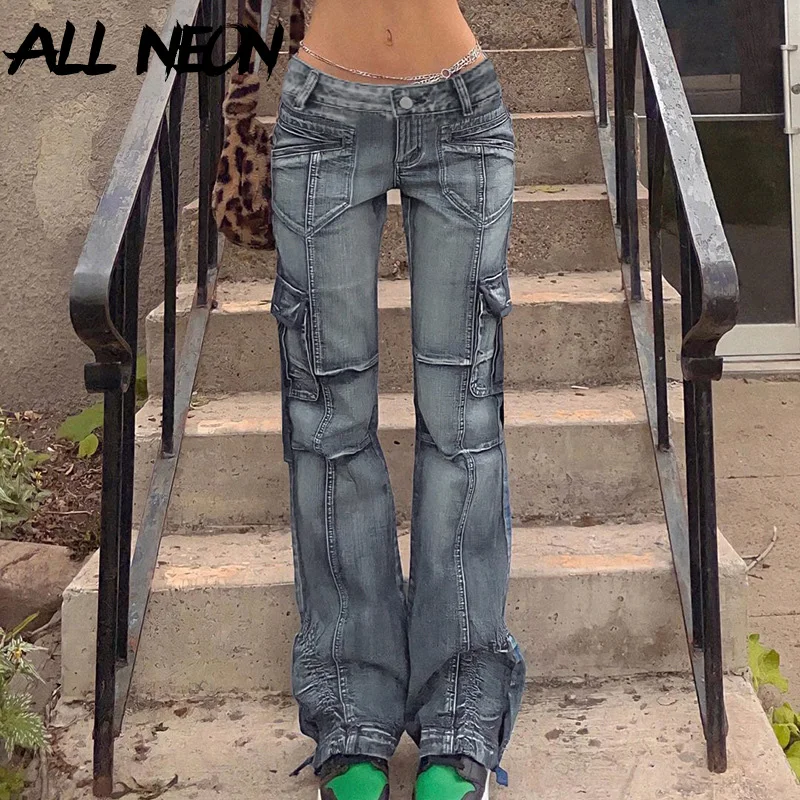 

ALLNeon Aesthetics Low Rise Jeans 2000s Streetwear Retro Big Pockets Patchwork Distressed Denim Long Pants Vintage Outfits