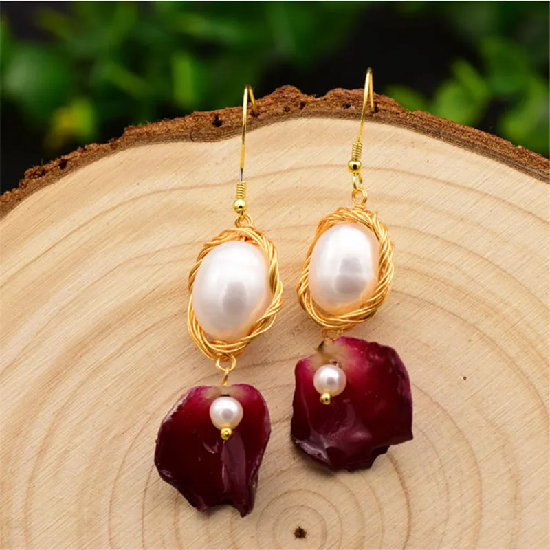 

Винтажный натуральный красный цветок розы свисающие женские серьги Boho свадебный подарок изысканный пресноводный жемчуг ювелирные изделия...