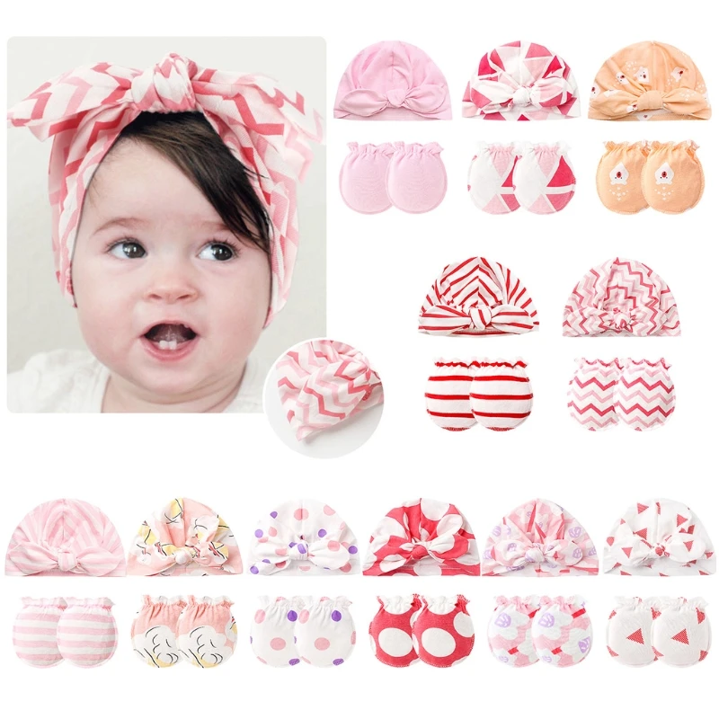 

Baby Anti-scratch Gloves Knotted Hat Set Handguard Cotton Mittens Beanie Kit