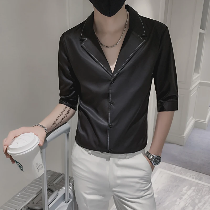 

Однотонные рубашки для мужчин, летняя приталенная рубашка с рукавом до локтя, деловой повседневный костюм с воротником, формальные классич...