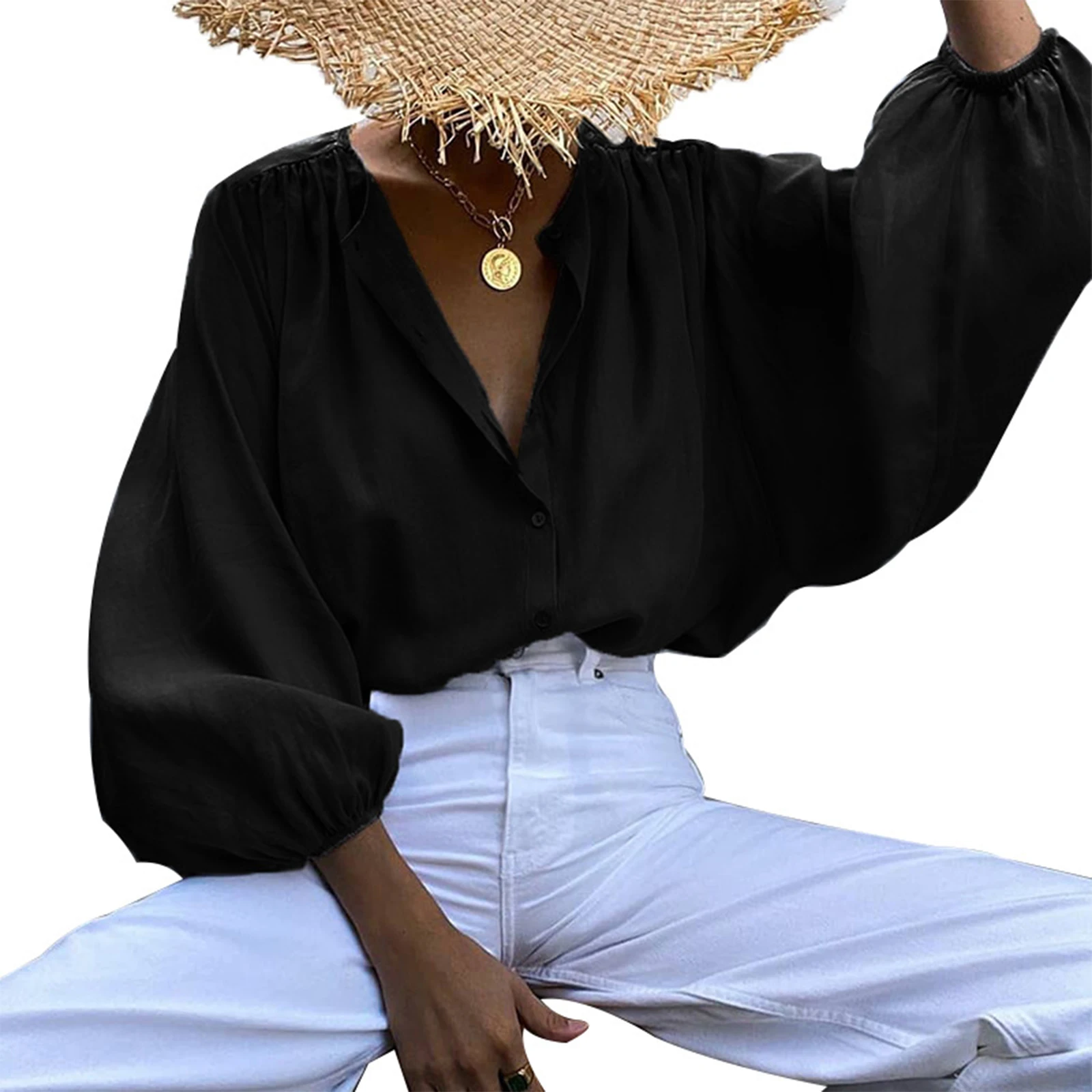 Женская однотонная блузка с рукавами-фонариками свободная однобортная рубашка