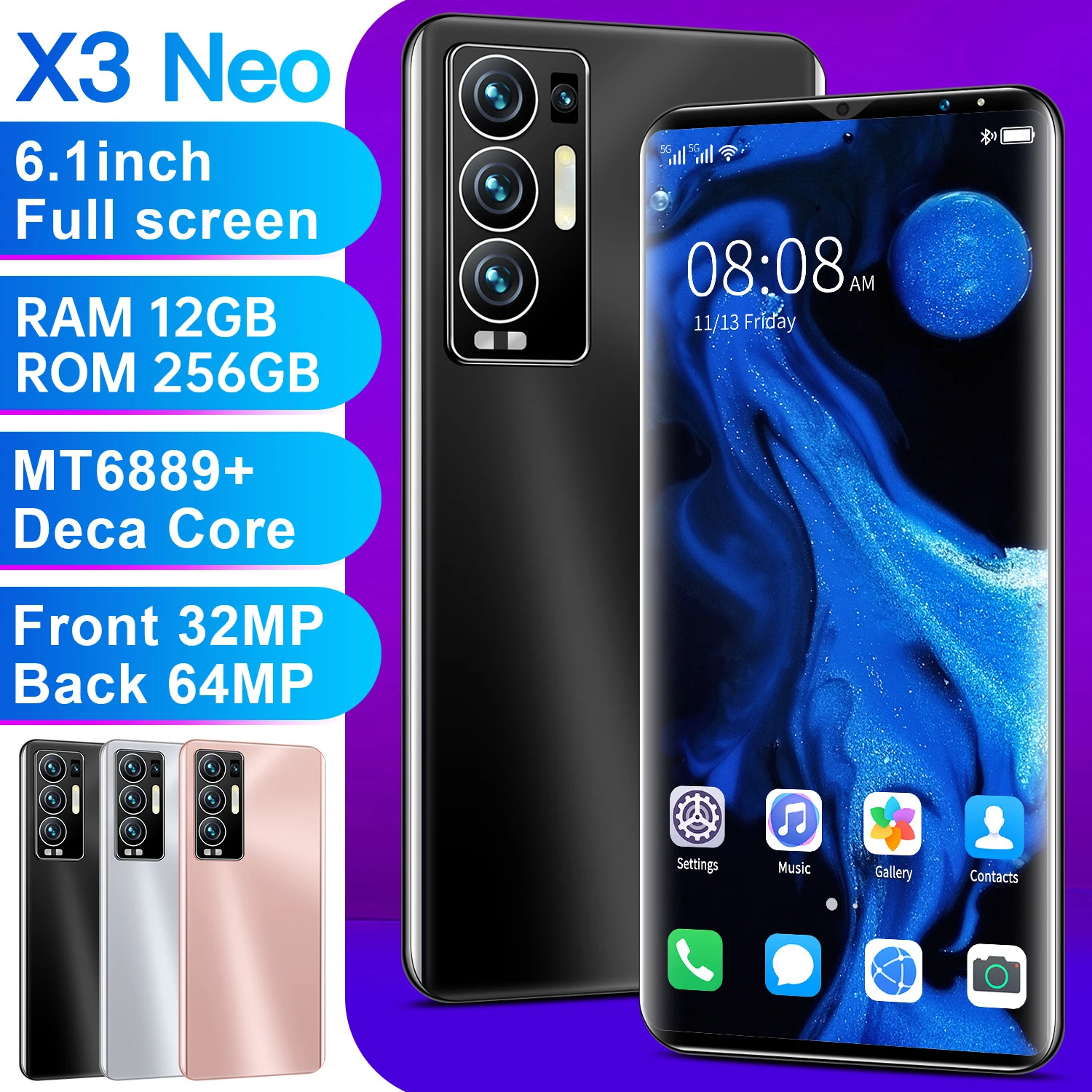 

X3 NEO 12+256GB Andriod 11 6000mAh Dual SIM+Micro SD 10 Core 32+64MP Andriod Phone Face Fingerprint ID MTK6889+ Smart Phone