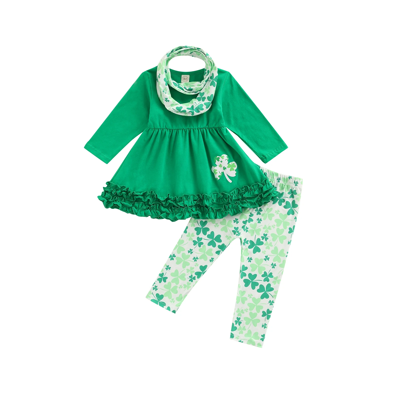 

Toddler Kids Baby Girls Clothing Spring Autumn Cotton Suit Long Sleeve Clover Pattern Ruffled Dress Tops Printed Pants Headband