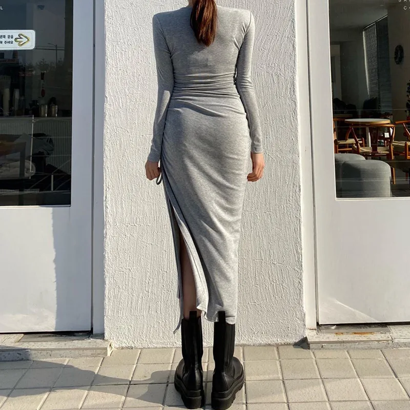 

NORMOV Solid Women Dress O Neck Long Sleeve Draped Split Polyester Dresses Spring Autumn Bodycon Dress Mujer