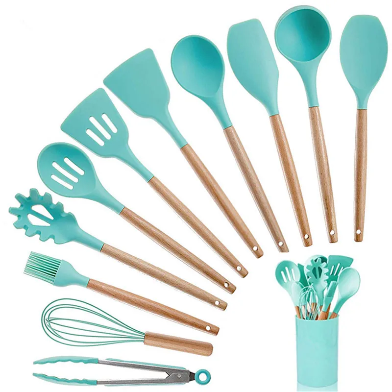 12PCS Silicone Cooking Tools Kitchen Utensils Set With Storage Box Turner Tongs Spatula with Wood Handle Nonstick Cookware | Дом и сад