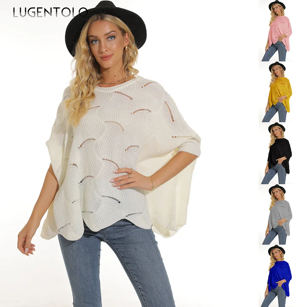 

Lugentolo Loose Women Sweaters Batwing Sleeve Fashion Hollow Out Autumn Female Casual Simple Street Pullover Knitted Sweater