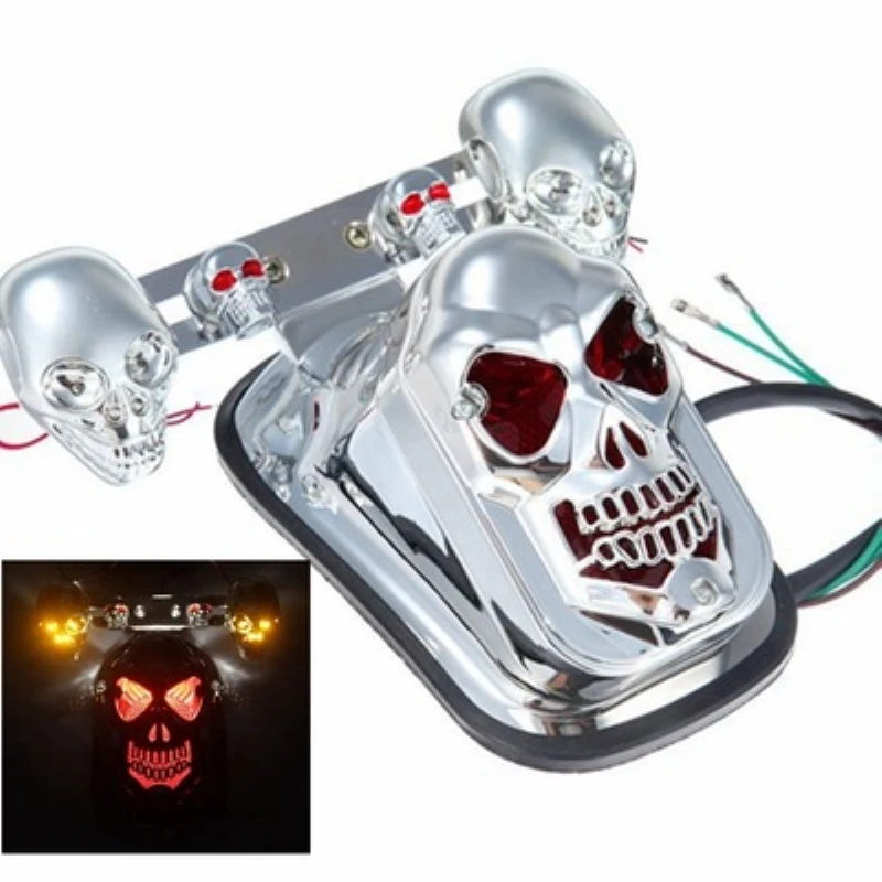 

Motorcycle LED Skull Taillight With Turn Signal Motorbike Tail Lights Plus Steering Styling Chrome Skeleton Style Modified