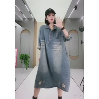 hot sale 2022 autumn new retro style loose belly niche white and old denim dress