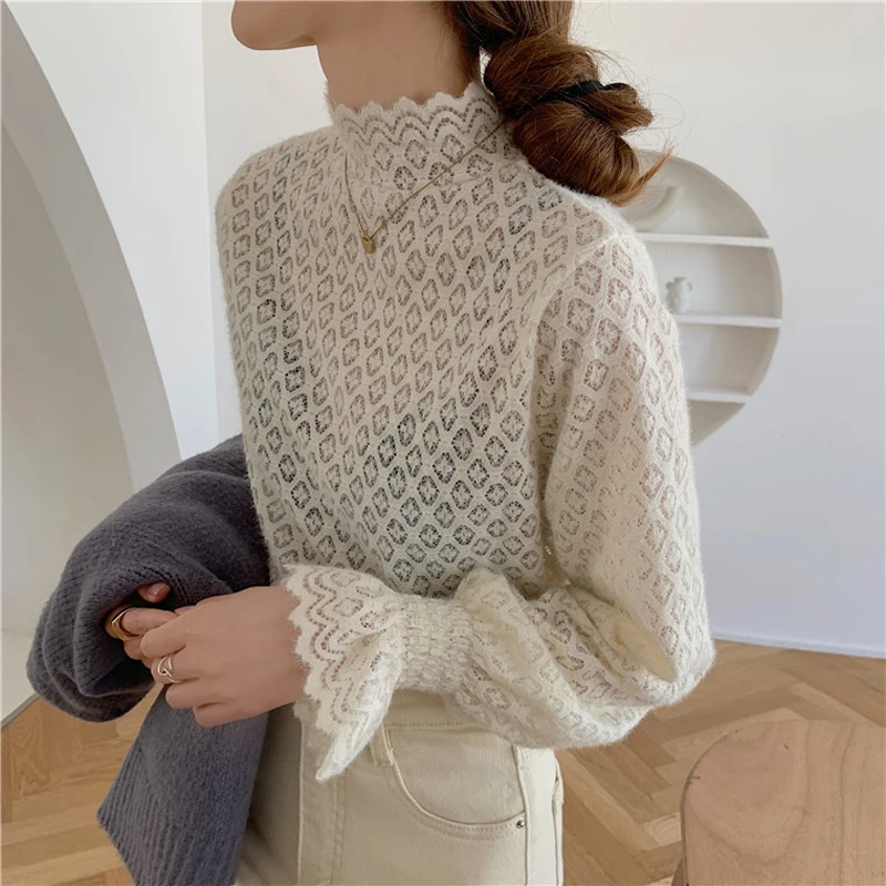 

2021 Fashion Autumn Winter Korean Fashion Elegant All-match Turtleneck Solid Lace Long Flared Sleeve OL Casual Fresh Girl Tops