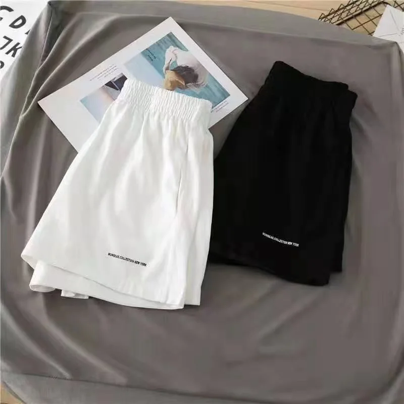

Casual Loose Letter Shorts Women Print Drawstring Leisure Daily All-match Elastic waist Sweatpants Pocket Wide Female Shorts