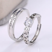 fashion couple rings for lovers adjustable romantic crystal heart women rings simple zircon men ring wedding band silver color