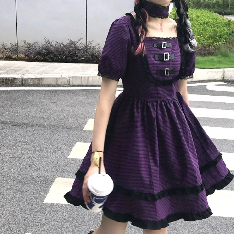 

Japanese Harajuku Gothic Lolita Dress Summer Girls Sexy Party Purple Plaid Buttons Square Collar Lace Ruffles Women Mini Dresses