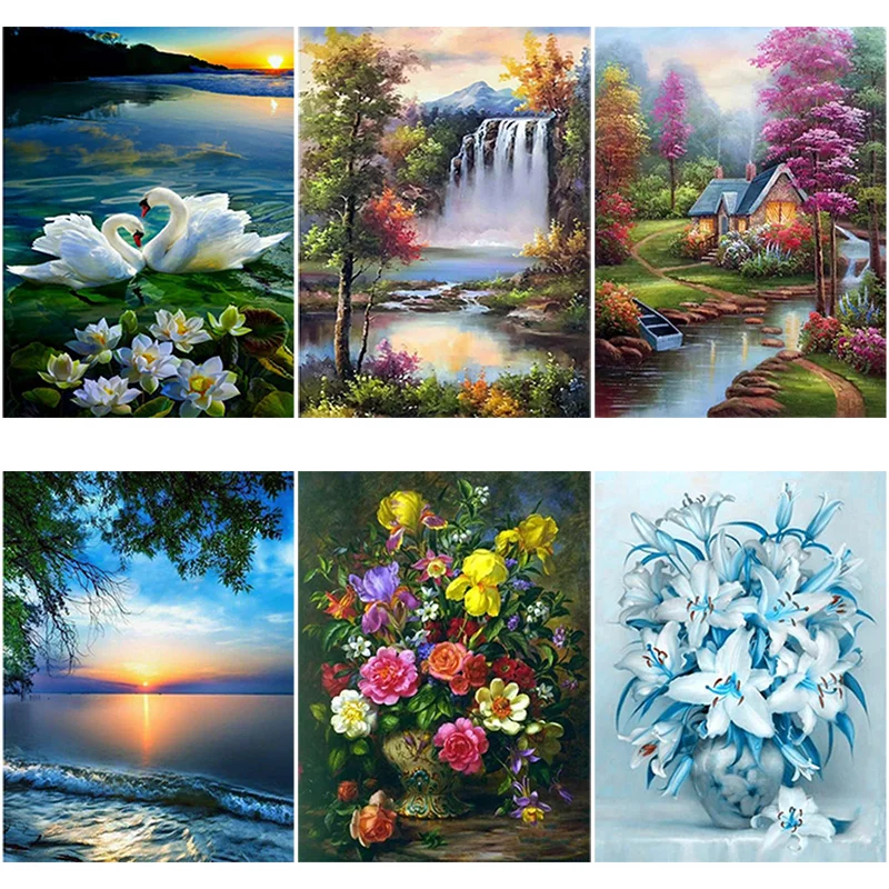 

DIY 5D Diamond Painting Flower Full Round Drill Mosaic Diamond Embroidery Landscape Waterfall Cross Stitch Wall Art Home Decor