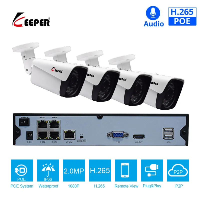 Хранитель H.265 4CH 1080P POE камера комплект с 2-мегапиксельной наружной ip-камерой IP66 P2P Onvif комплект видеонаблюдения для обнаружения движения просмотр приложения