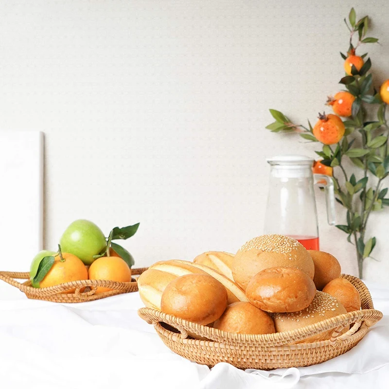 

2 Pcs Woven Rattan Fruit Basket for Kitchen, Storage Display Gift, Bread Basket Tray for Restaurant Food Snack Serving