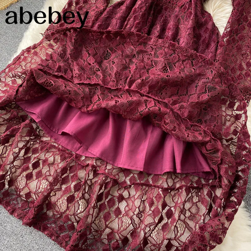 

Lace Embroidery Solid Dress Women Korean Long Sleeve O Neck A-line Dresses Spring Retro Fashion Streetwear Midi Dress