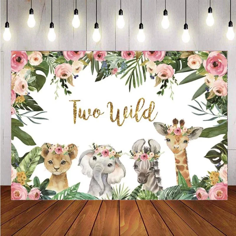 

Two Wild Backdrop Baby Shower Girls 2nd Second Birthday Party Jungle Safari Animals Pink Flower Photo Background Banner Decor