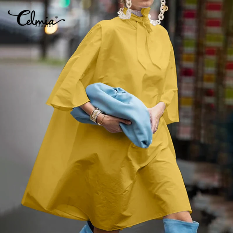 

2022 New Celmia Oversized White Shirts Women Casual 3/4 Flare Sleeve Long Tops Elegant Bow Tie Collar Solid Party Women Blouses