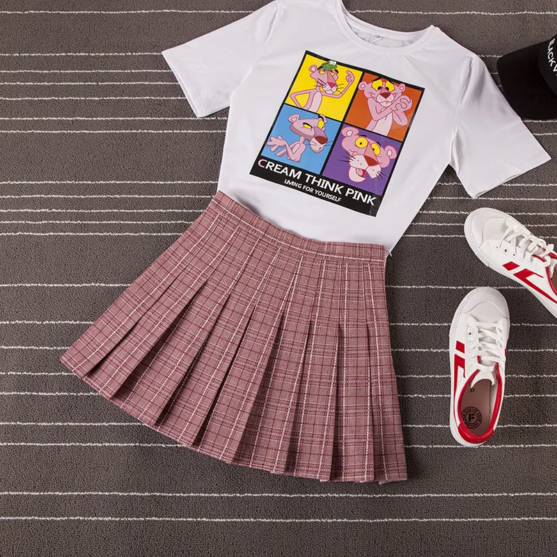Женская мини-плиссированная юбка Harajuku в консервативном стиле, клетчатые юбки, милая японская школьная форма, Женская кавайная юбка - Цвет: Розовый