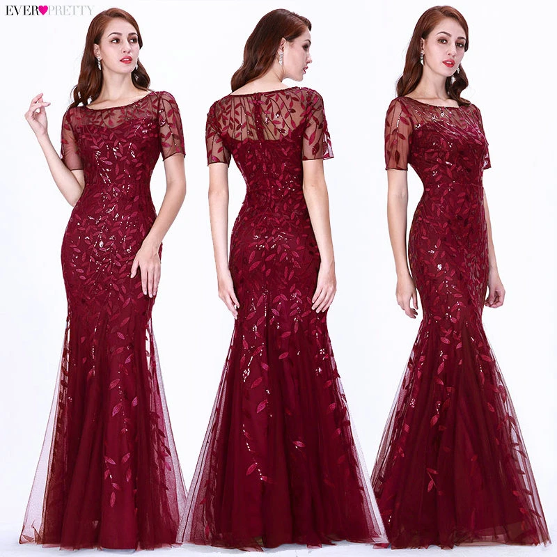Формальные Вечерние платья Ever Pretty Новые Русалка o-образным вырезом с коротким рукавом Кружева Аппликации Тюль Длинные вечерние платья халат Soiree сексуальный
