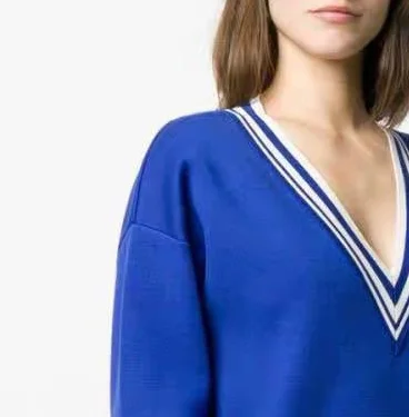 

Women Sweater 2020 Spring and Summer New Chest Badge Patch Contrast Color V-neck Knit Sweater Women