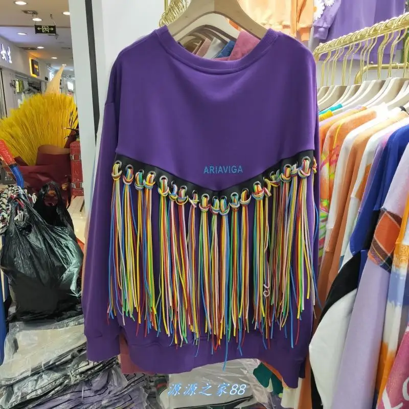 

Streetwear Autumn Spring Women's Colorful Tassel Patchwork Sweatshirts Long Sleeve Black White Loose Oversized Pullovers Tops