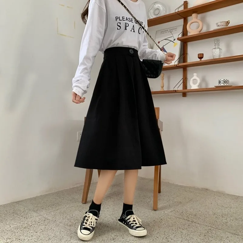 

KUSAHIKI Korean Solid Pleated A-line Mid-calf Skirts Causal Elegant 2021 Spring New Women Skirt Fashion Faldas Mujer Moda 6F329