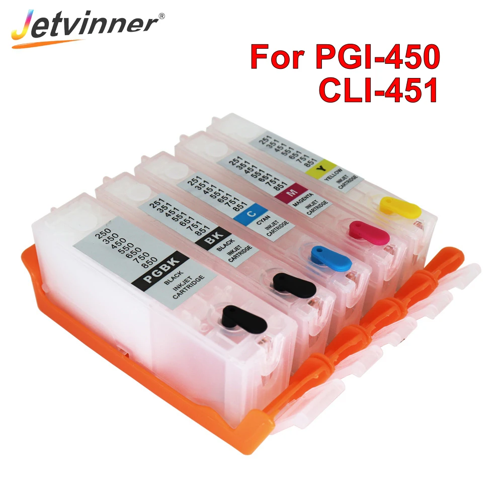 

Jetvinner 5-color PGI 450 XL CLI 451 Refillable Ink Cartridge with ARC Chips for Canon PIXMA IP7240 MG5440 Printer Ink Cartridge