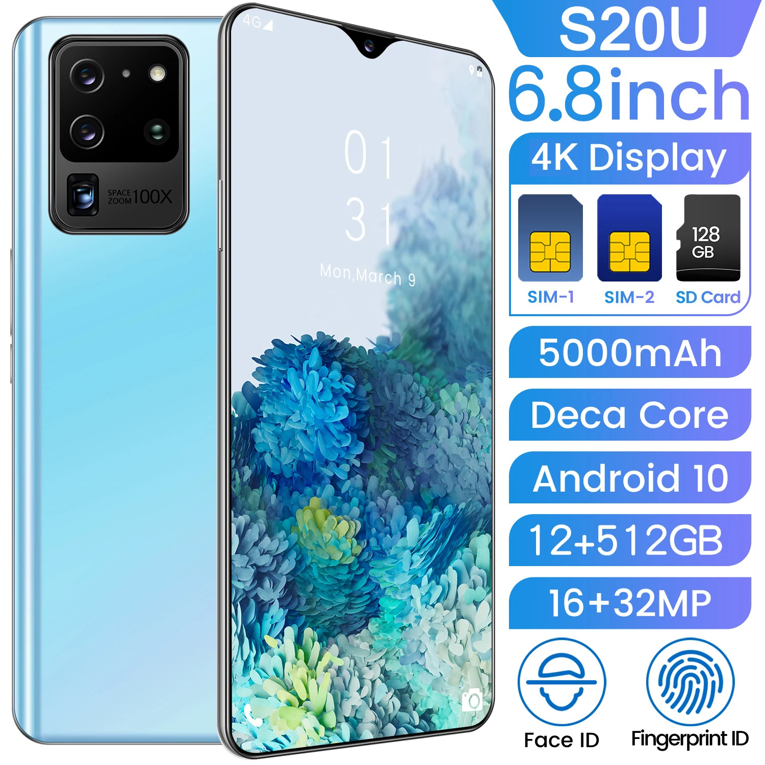 

Global Versionn S20U 6.7" Smartphone 5000mAh 12+512GB 4k Display Support Face\Fingerprint ID MultiFunction 5G Android Cellphone