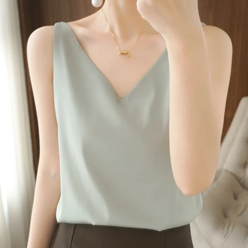 

Summer new style small suspender V-neck sexy outer wear sleeveless vest, silk satin suit inner base coat HZB16