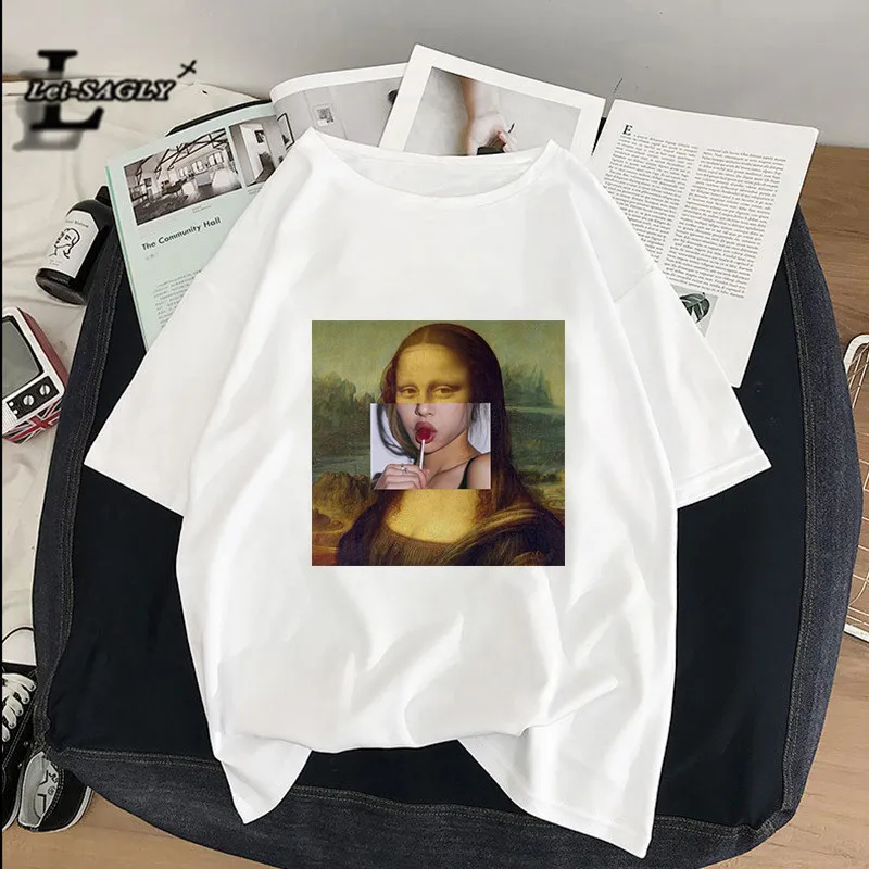 Lei SAGLY Mona Lisa smokes женские футболки художественная картина маслом Harajuku Эстетическая ulzzang негабаритная футболка Корейская одежда