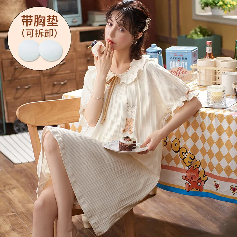 

Летняя ночная рубашка для женщин из хлопка и кремово-белого цвета с коротким рукавом рубашки, украшенное милым принтом «Маленький Медведь» ...