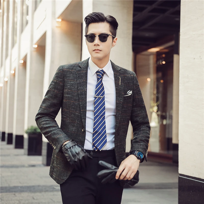 Мужской повседневный костюм в клетку британский Свадебный жениха из шерстяной