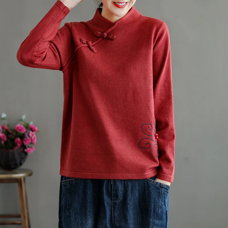 Stand-up collar embroidered wool knit sweater jacket women autumn and winter new style retro literary blouse  Solid  Casual