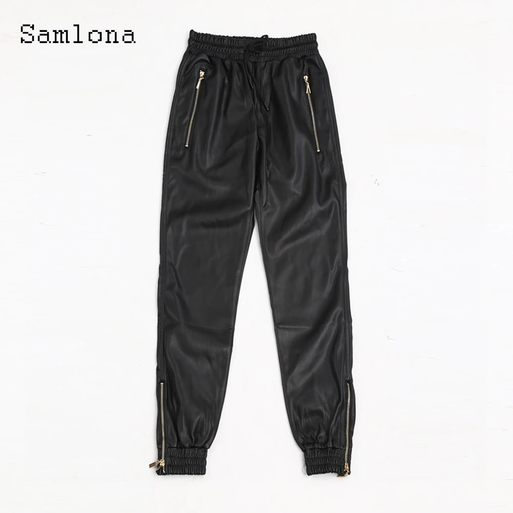 Samlona Plus Size Men PU Leather Pants SLace-Up Buttons Sexy Male Trousers Black Faux Leather Skinny Pants Mens Streetwear 2021 images - 6