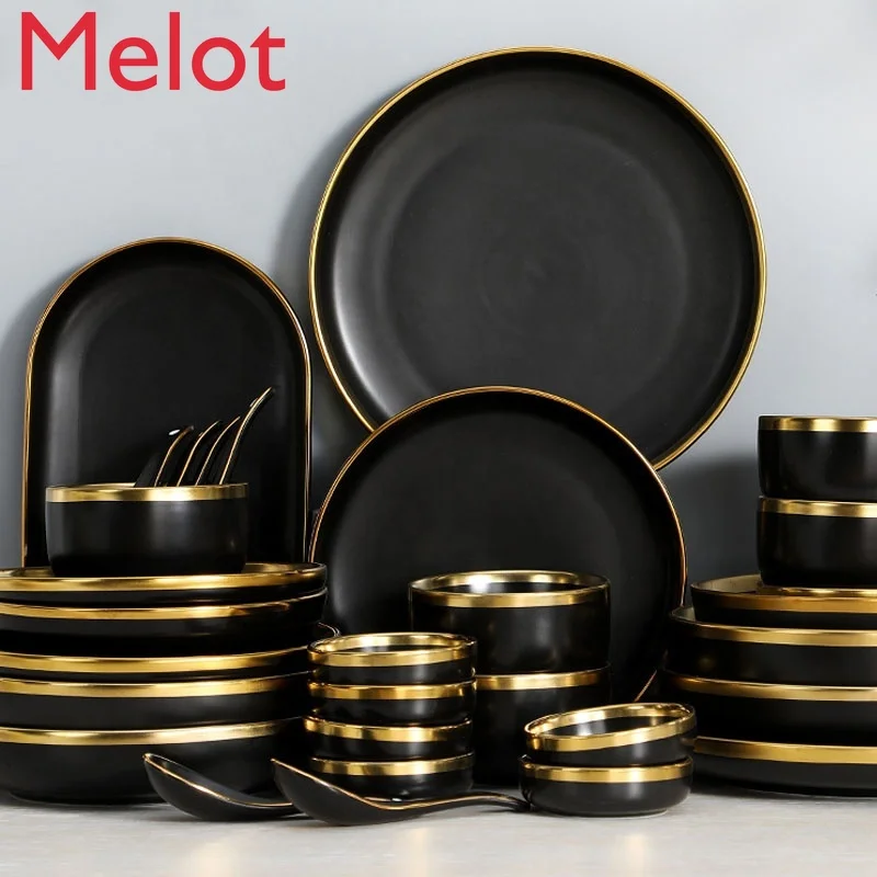 

Modern Style Black Matt Golden Rim Ceramic Cutlery Set