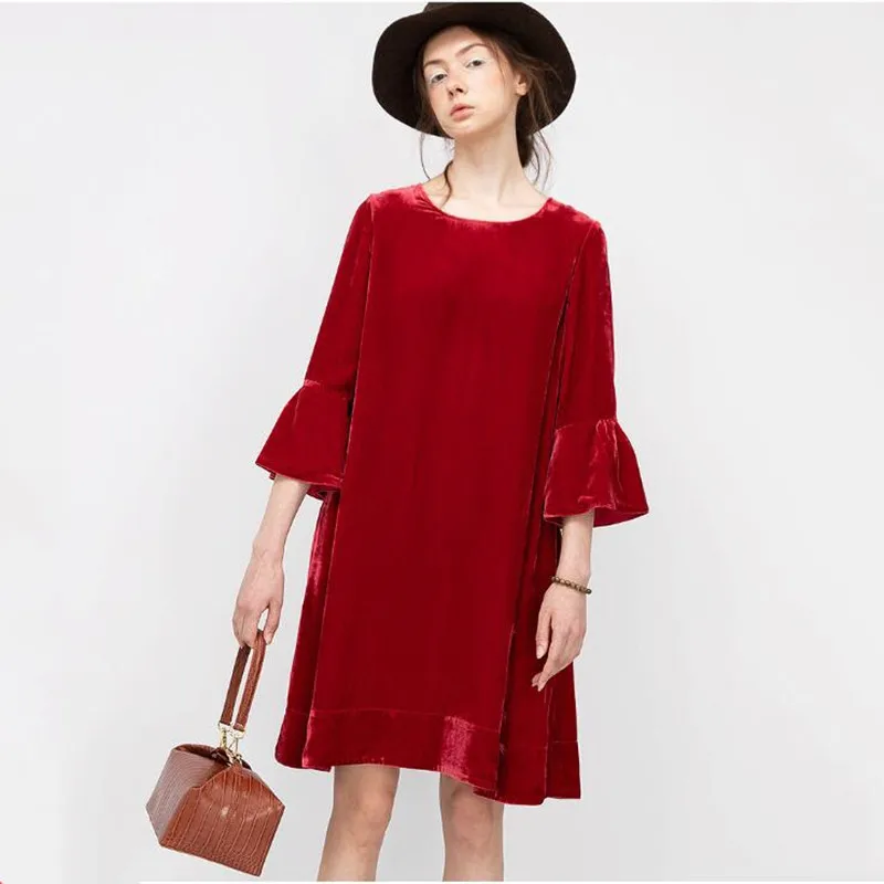 

High Quality Vintage Women' Dress A-line Three Quarter Flare Sleeve Solid Dress Loose Slim Vestidos - 10 Colors
