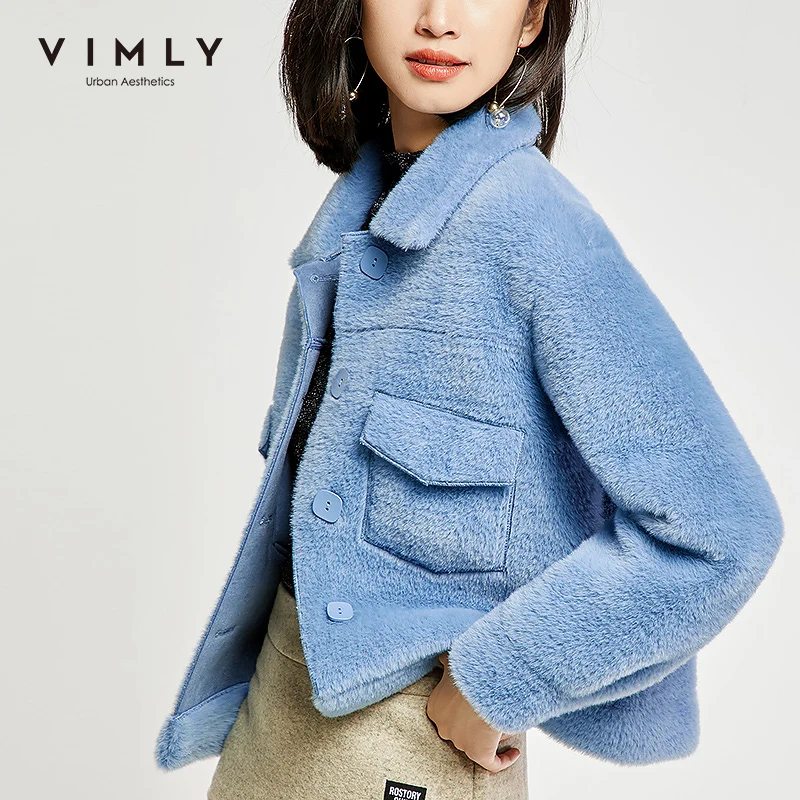 Vimly Women Thick Short Jacket Winter Clothes Turn Down Collar Single Breasted Pockets Vintage Coats Female Overcoat 30083