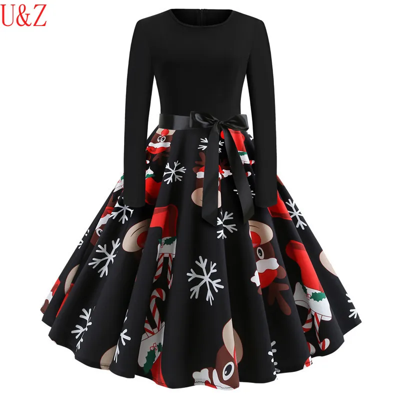 

Hot Sale Retro style women dress Round neck printed Flower Long sleeve Dress in Black Elegant Christmas element Dress daily life